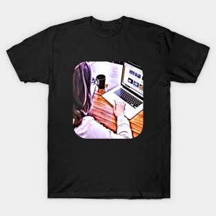 Woman working white coat and laptop make money T-Shirt